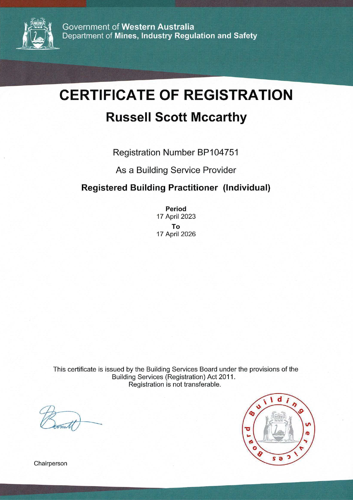 Builders Registration Number BP104751